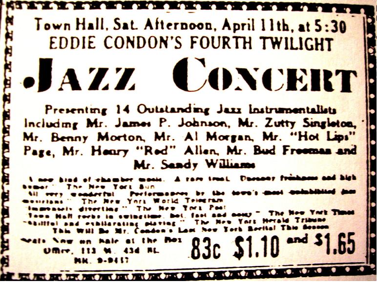 A New York Times advertisement for a Condon concert, 1942: courtesy of MULE WALK AND JAZZ TALK